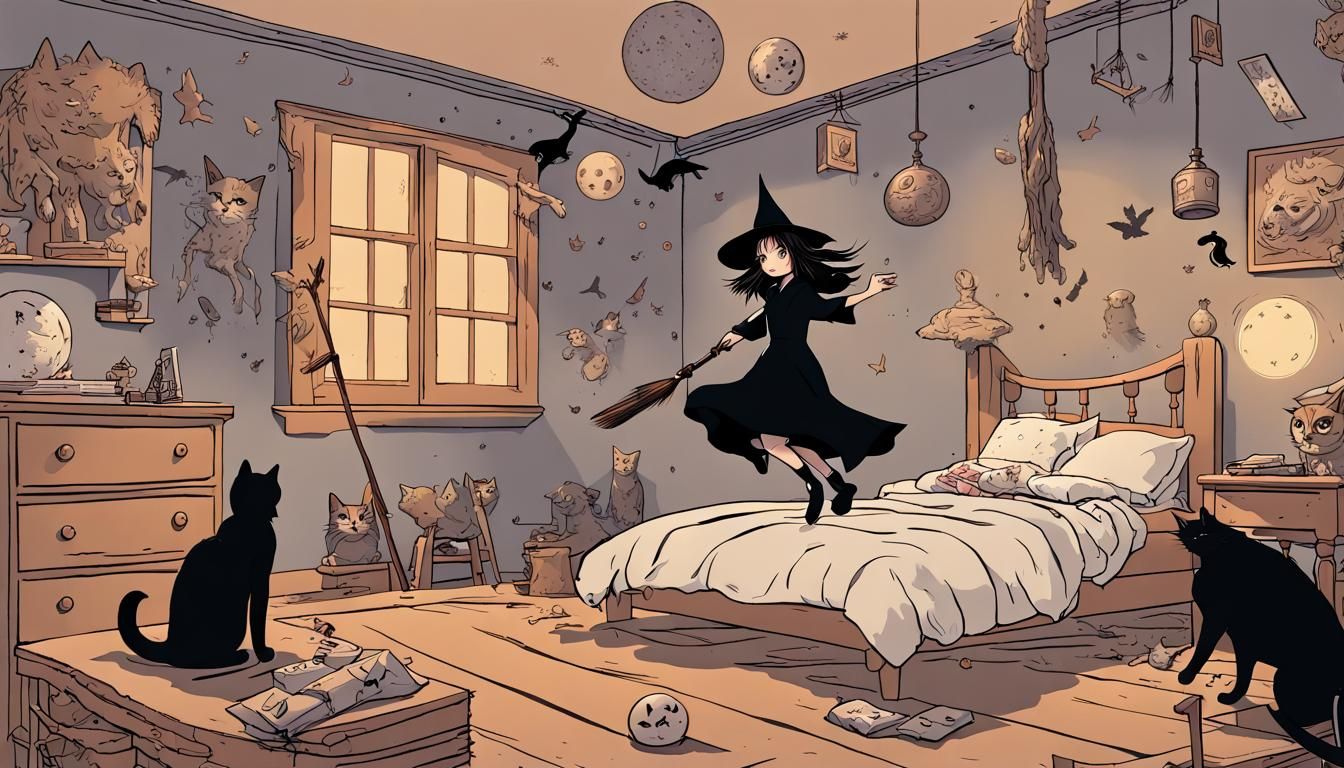 Anime Witch Girl Surrounded by Floating Objects