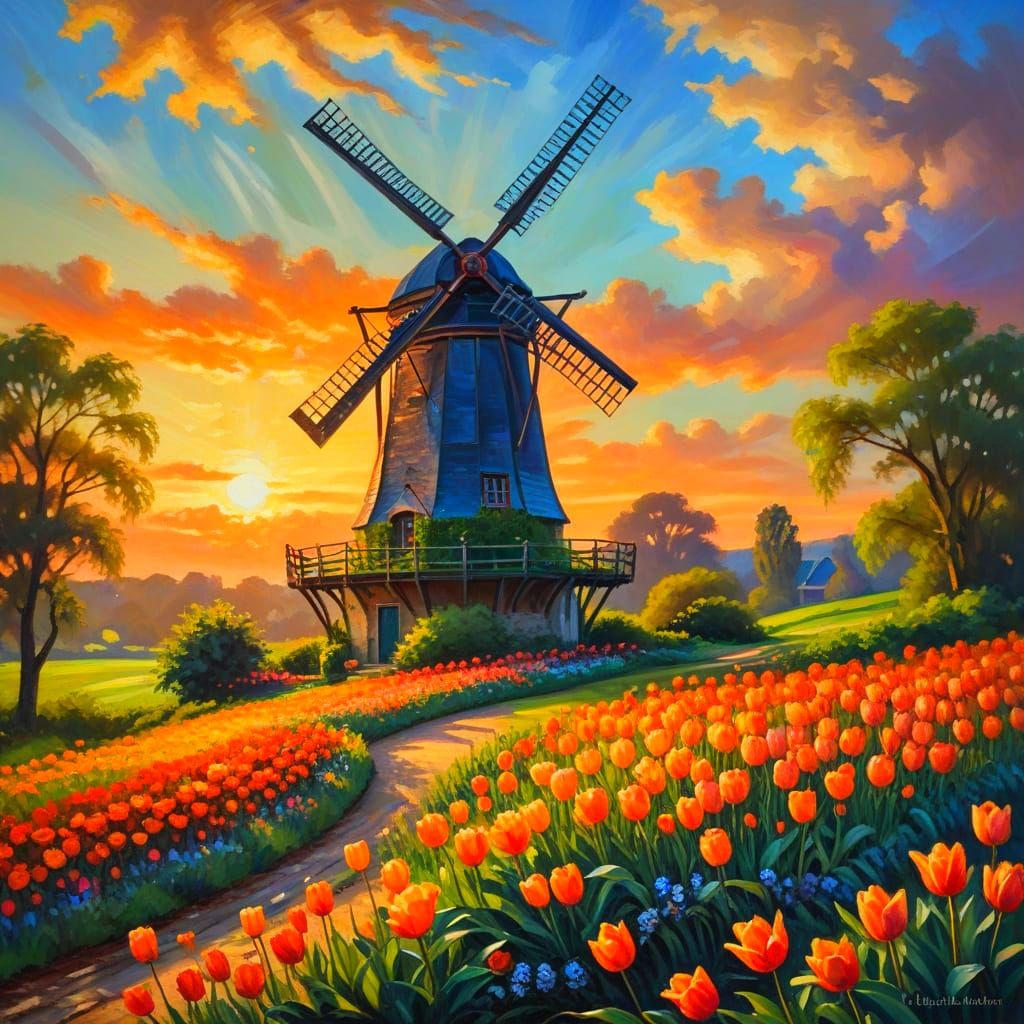 Surreal Windmill Scene in a Vibrant Green Meadow at Dusk