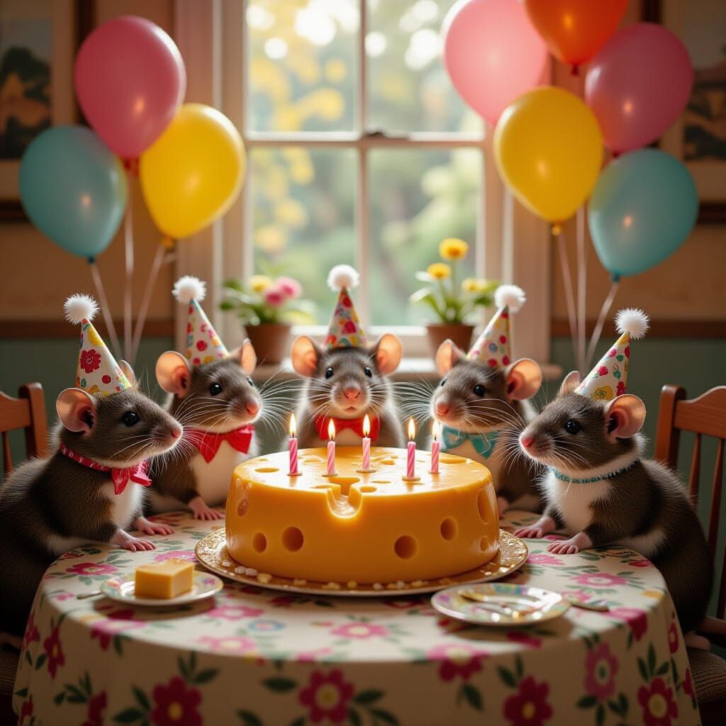 Rats Celebrate Birthday in Photorealistic Beatrix Potter Sty...