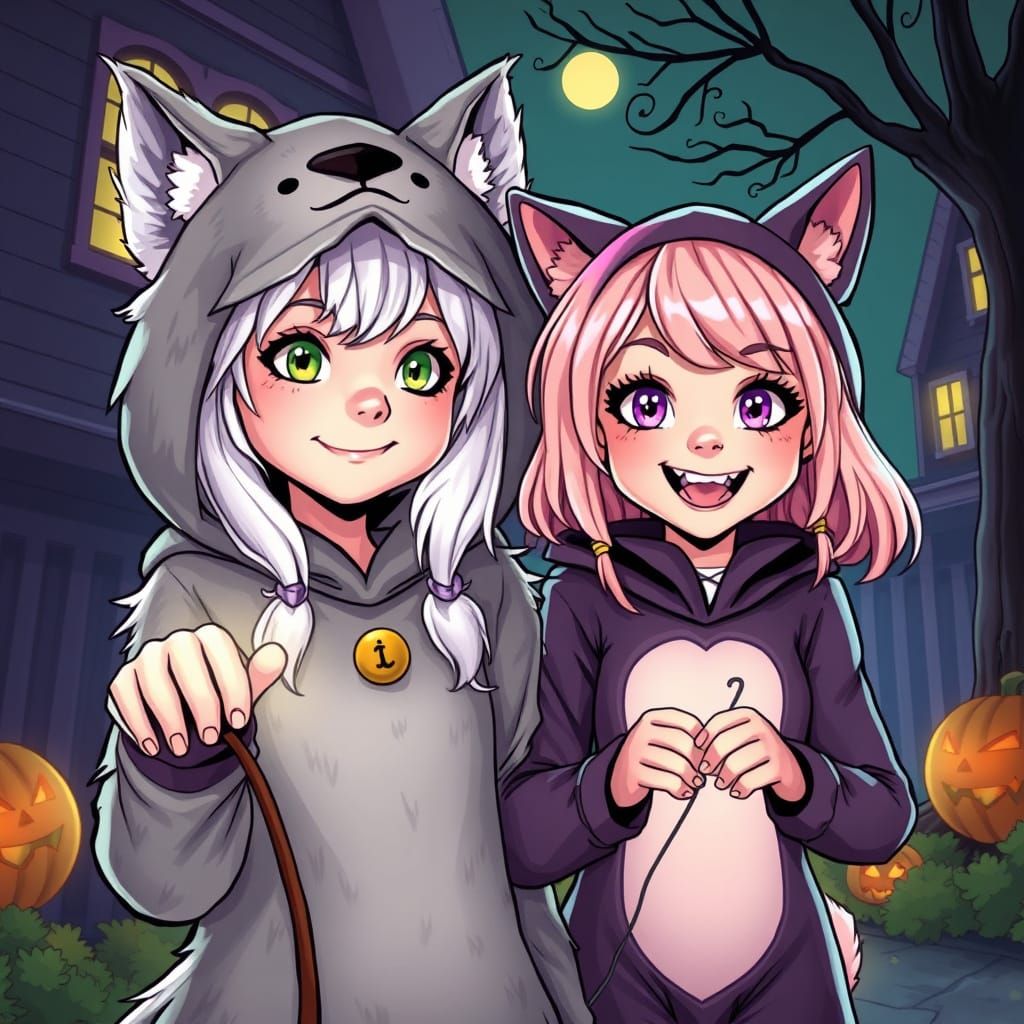 Halloween Night: Wolf and Cat Costumes