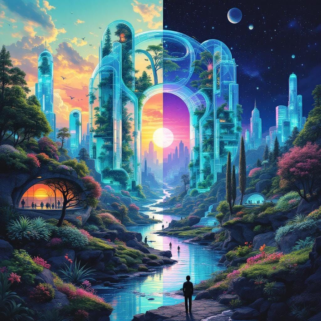 Futuristic Cityscape with Transparent Nature Buildings