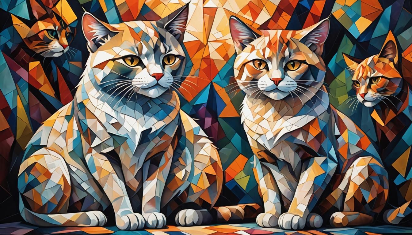 Cubist Gemini Cats Family in Mystical Setting