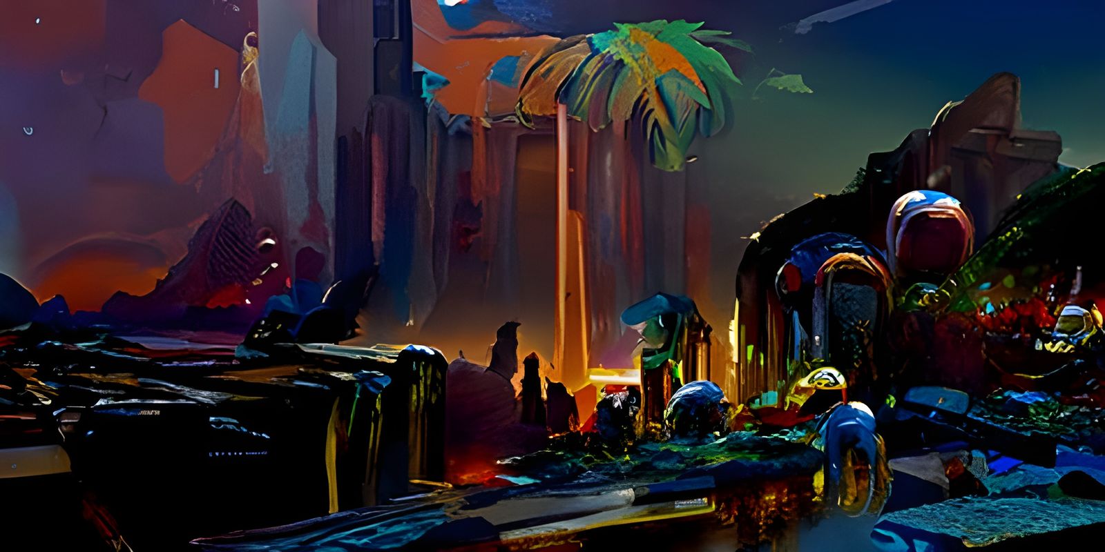 Detailed Oasis Scene, Acrylic Painting Style