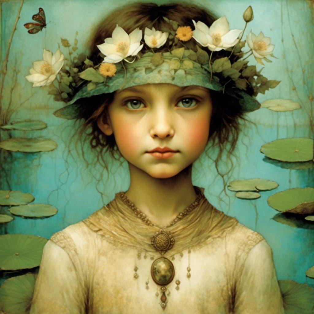 Flower Elf Reflection in Pond: Surreal Portrait