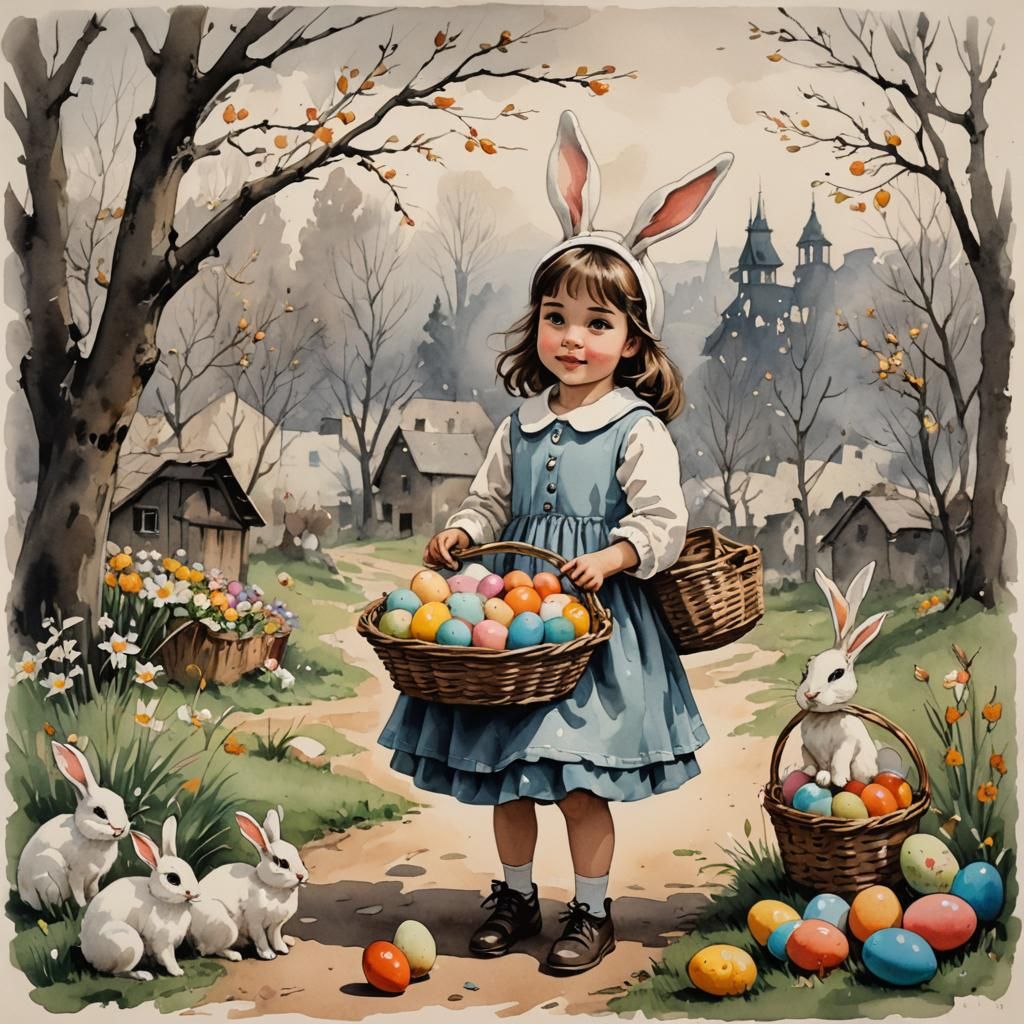 Pastoral Easter Scene in Ink Painting Style