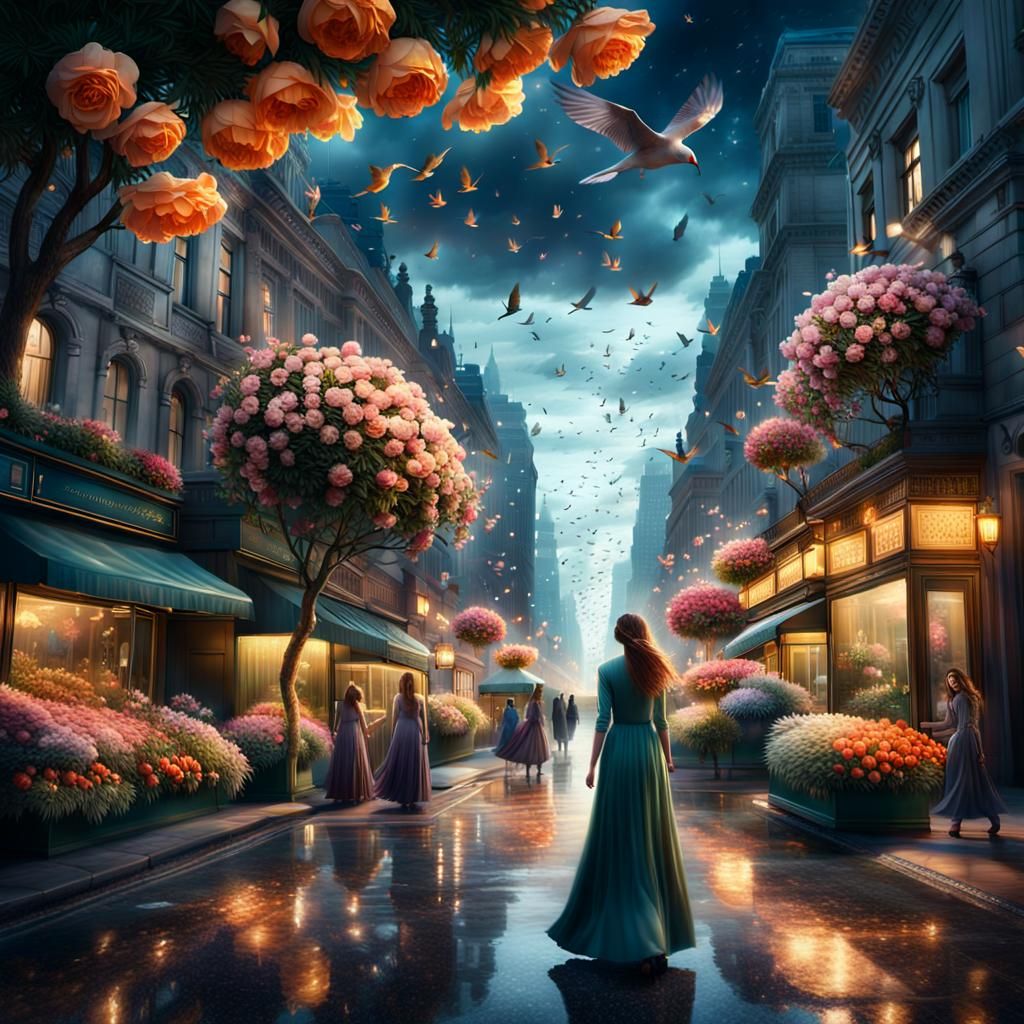 Flowers Pouring From City Lights: A Digital Painting