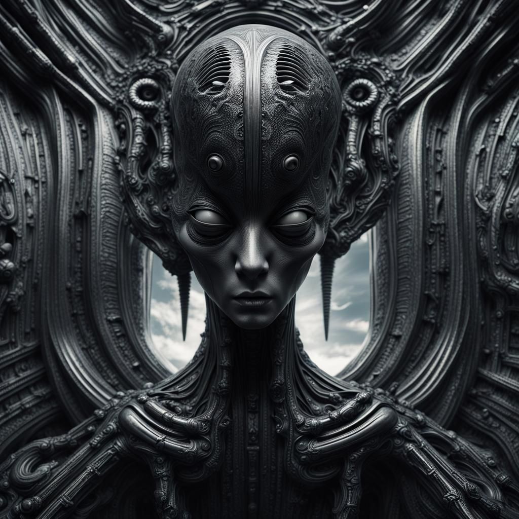 Dark Portrait in HR Giger Style with Sci-Fi Elements
