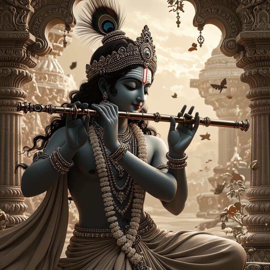 Lord Krishna Playing Flute in Sepia Matte Painting Style