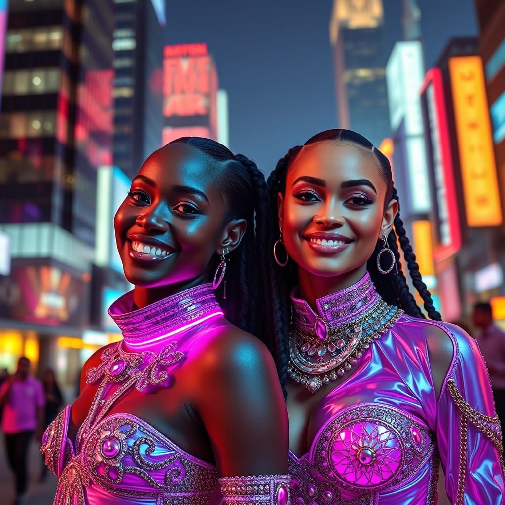 Futuristic Women in Neon Cityscape: Hyperrealistic Art
