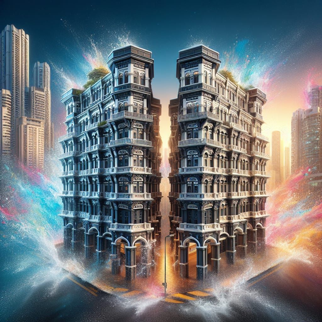 A surreal view of The two five-storey buildings photographed...