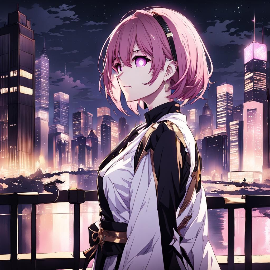 Anime Woman Gazes at Night Cityscape