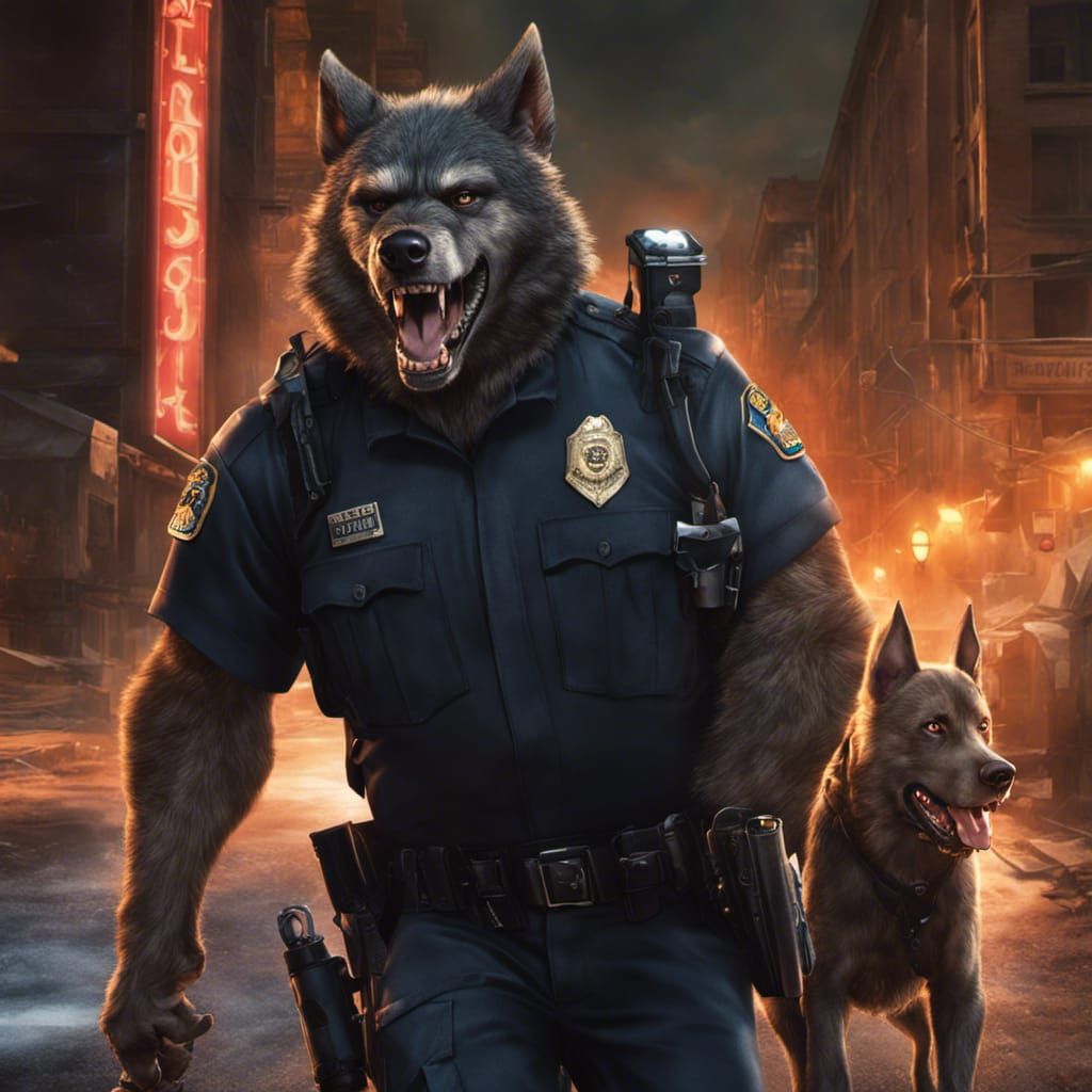 Furious Werewolf Cop with K-9 Unit: Digital Art