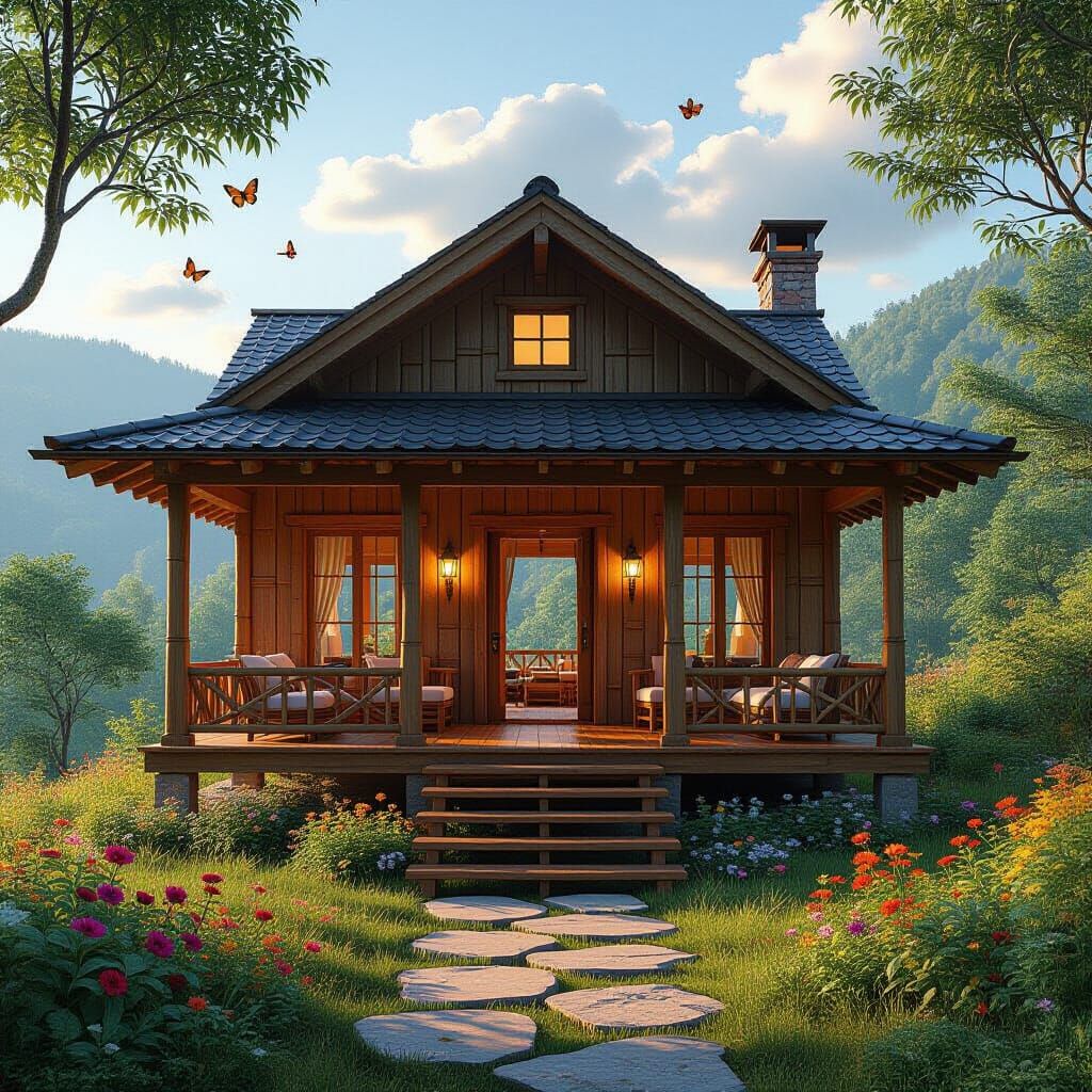 Summer Cabin with Bamboo Porch, 3D Rendered Style