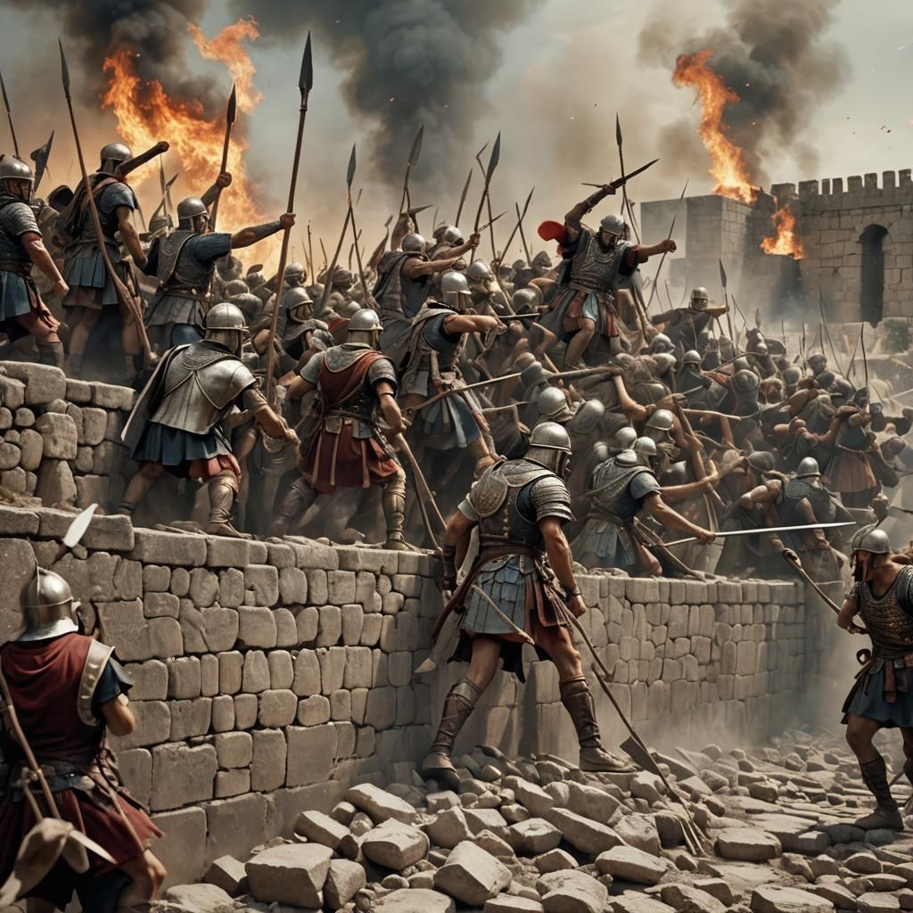 Roman Soldiers Defending Wall in Realistic Style