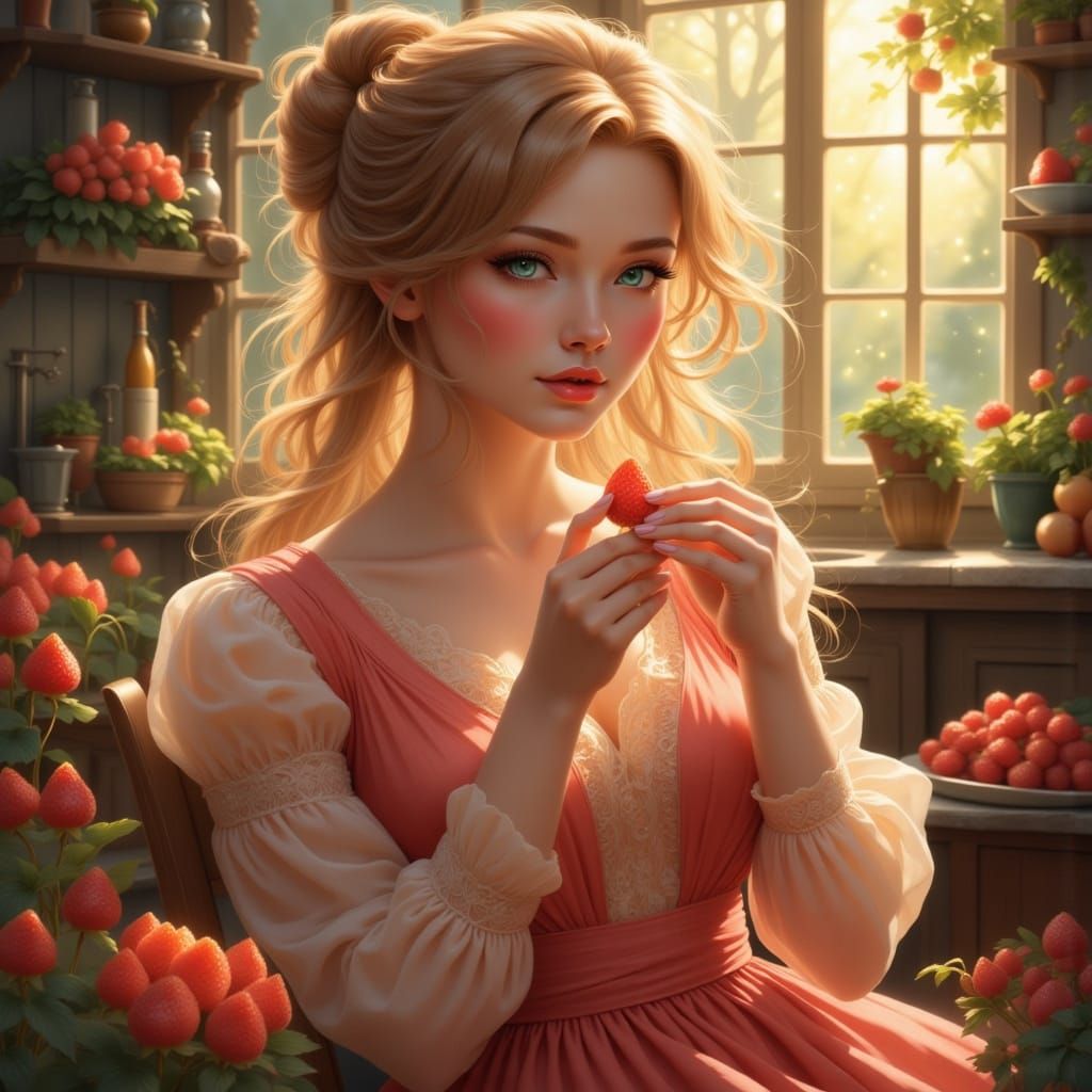 Woman Eating Strawberry in Sunlit Kitchen, Ethereal Fantasy ...