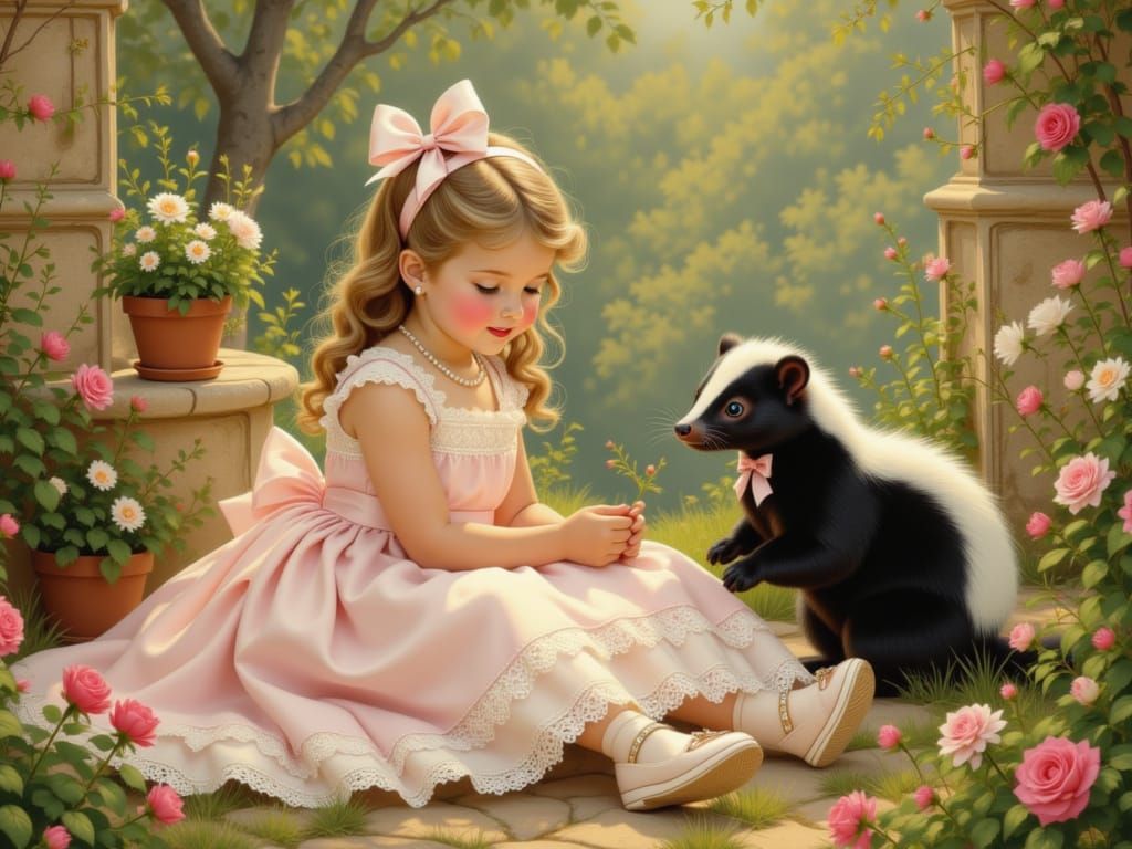 Girl Plays With Pet Skunk in Whimsical Garden