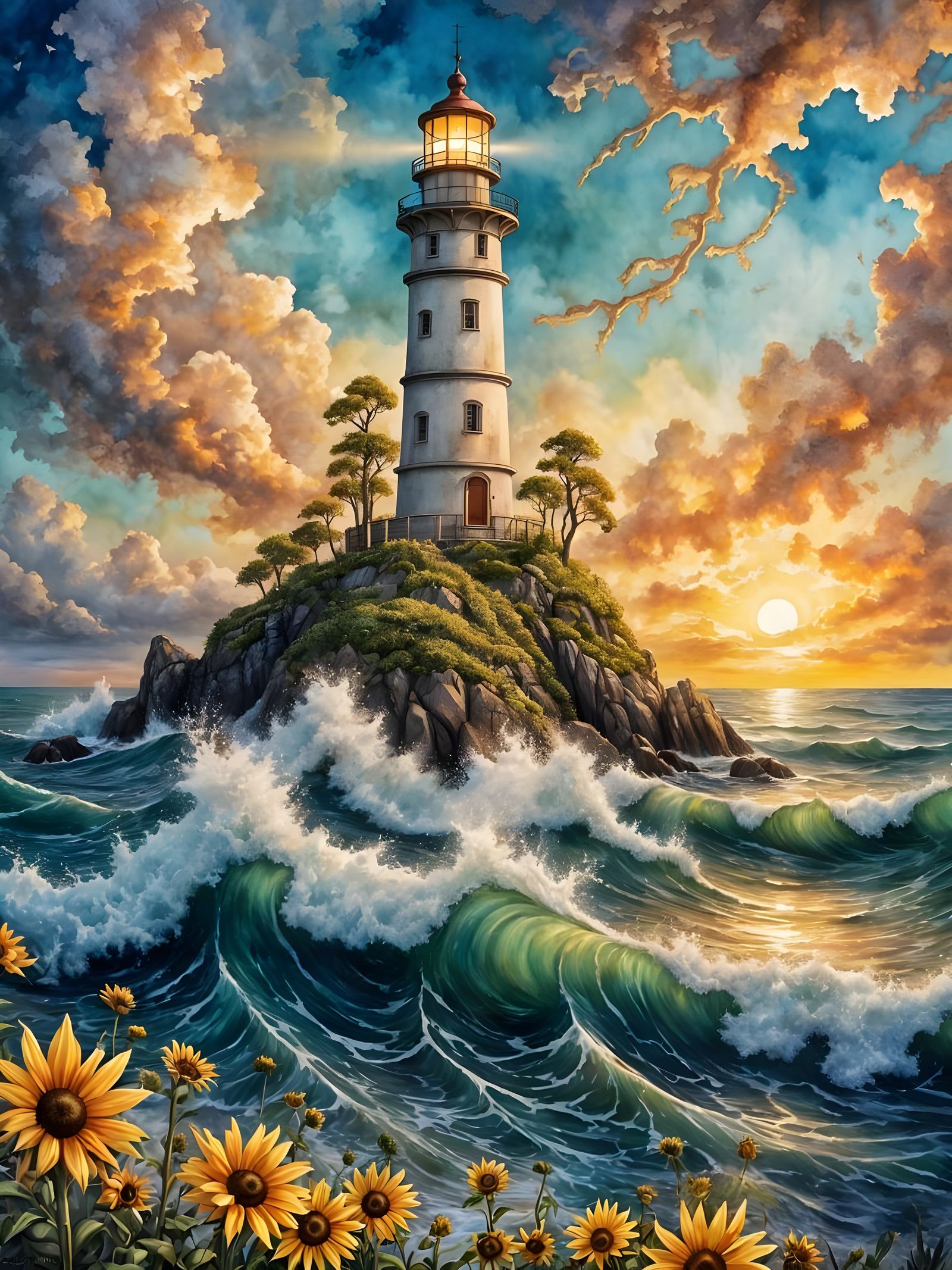 Lighthouse Amidst Triadic Sunset with Sunflowers