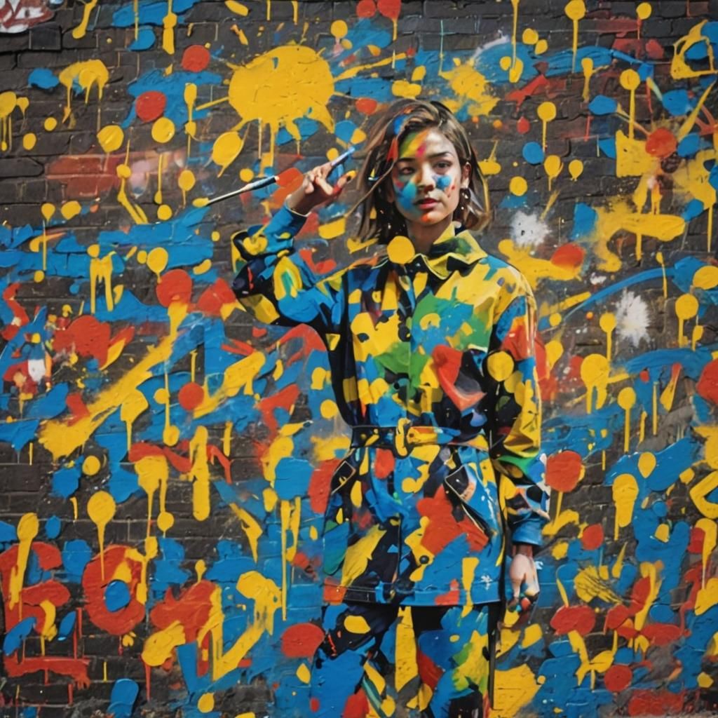 Young Woman Creates Vibrant Street Art Mural