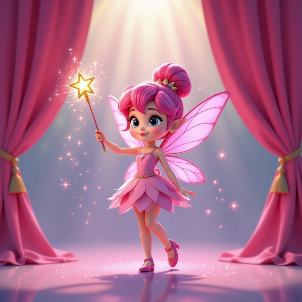 Cute Pink Fairy with Star Wand in Pixar Style