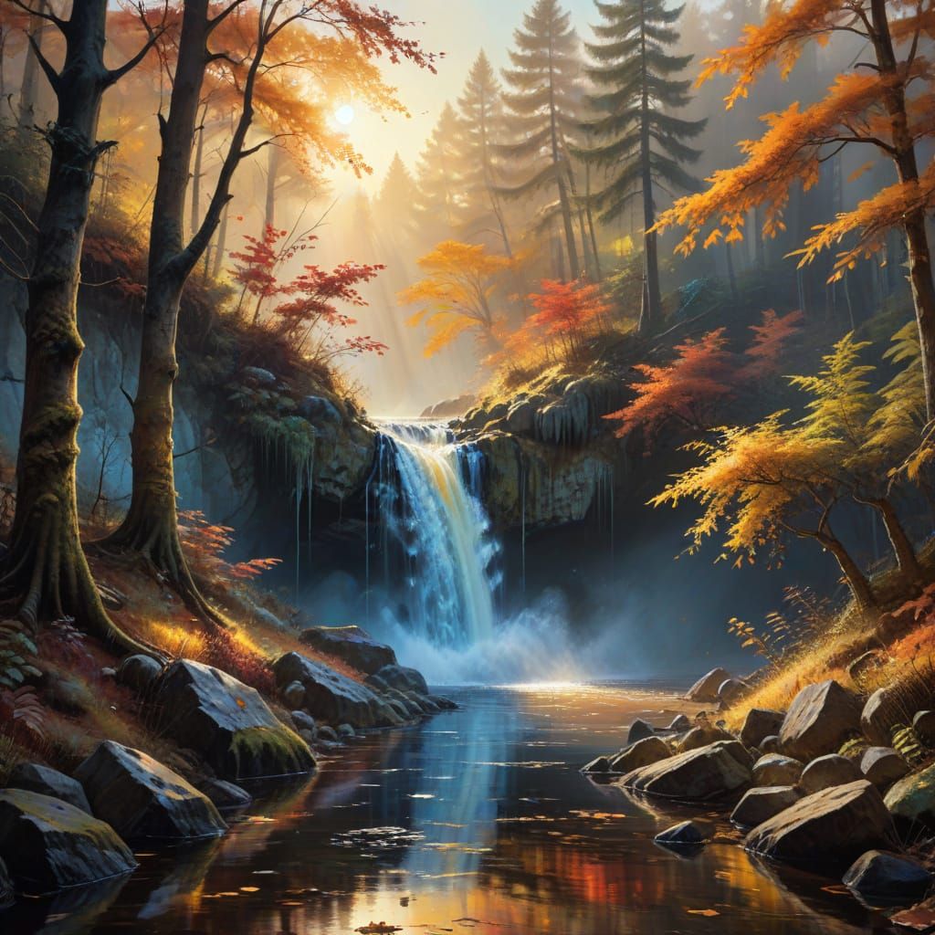 Autumn Waterfall in Golden Hour Light