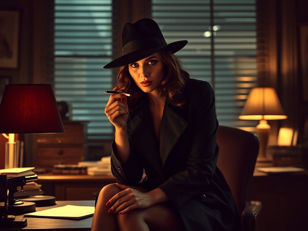 Mysterious Femme Fatale in Film Noir Style