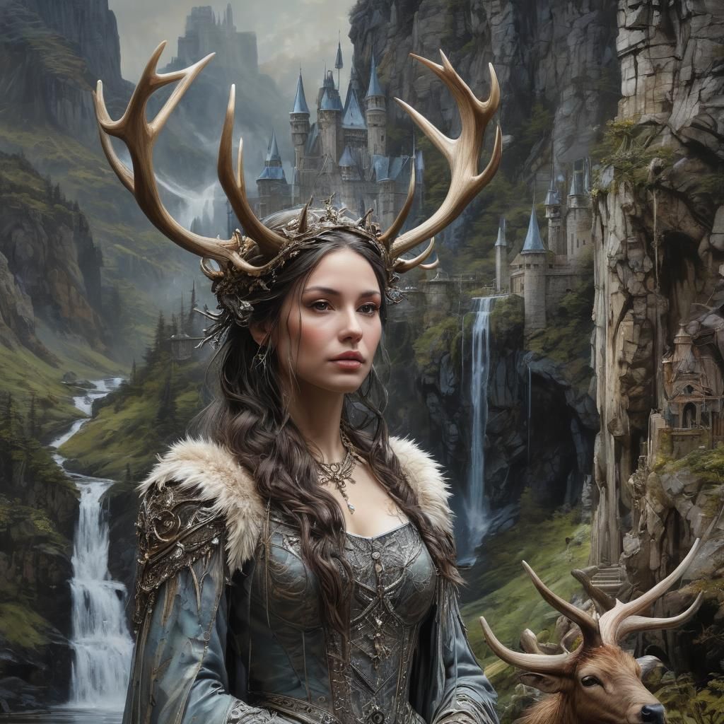 Encaustic Antler Queen with Castle Waterfall Background