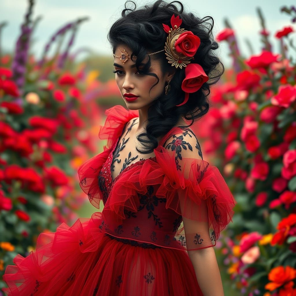 Woman in Red Dress in Magical Garden