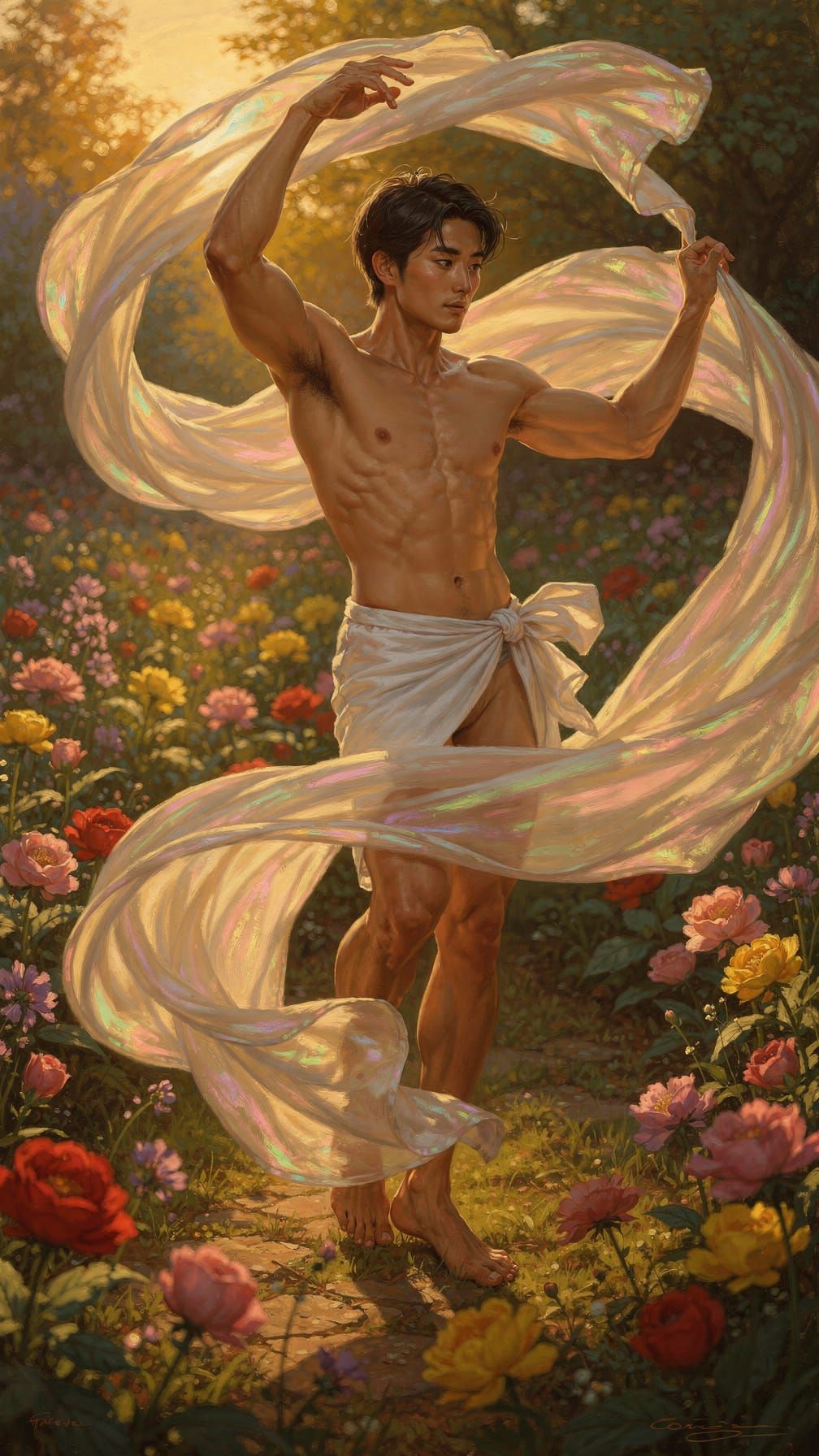Man of Radiance Dancing in Golden Hour Garden
