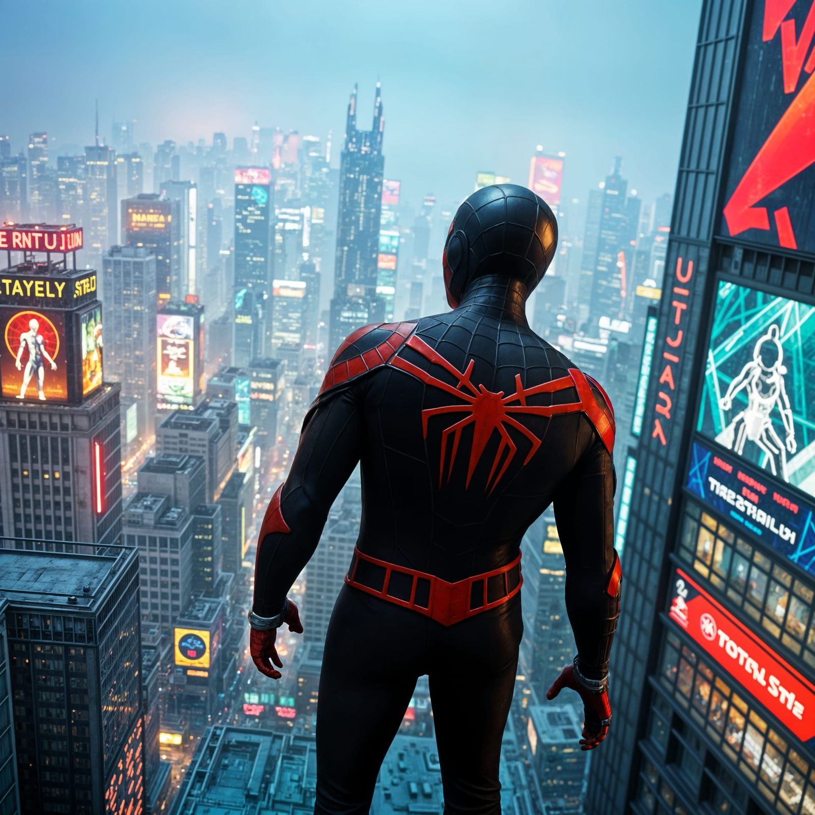 Spiderman in Cyberpunk Cityscape with Neon Lights