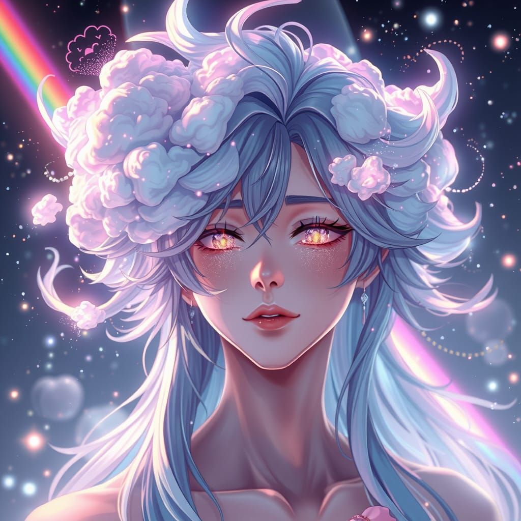 Ethereal Being with Cloud Hair and Vibrant Lights