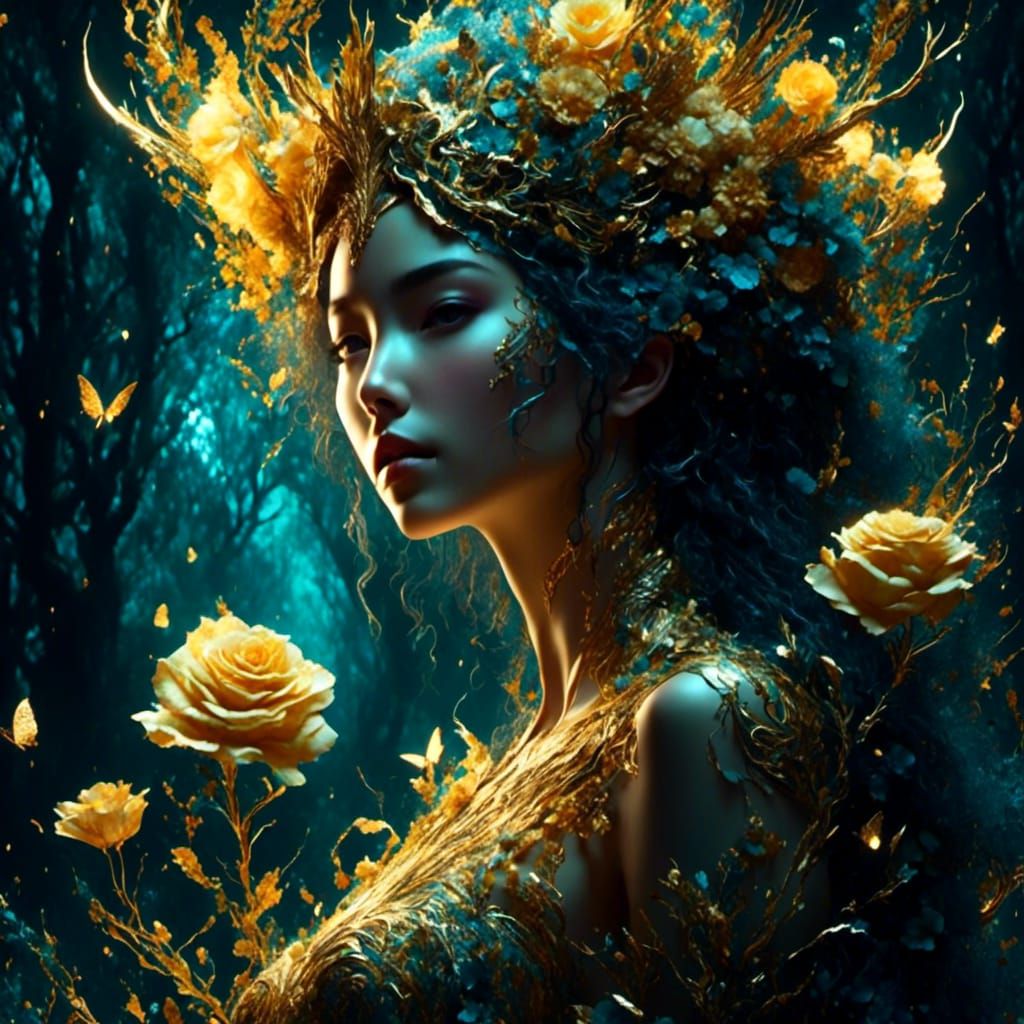 Glowing Gold Rose in Bioluminescent Watercolor Forest