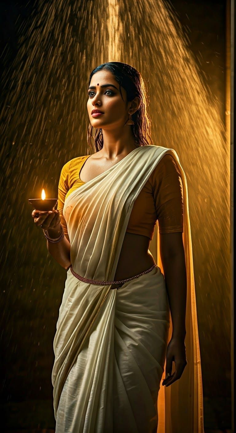 Elegant Kerala Saree Beauty in Golden Light