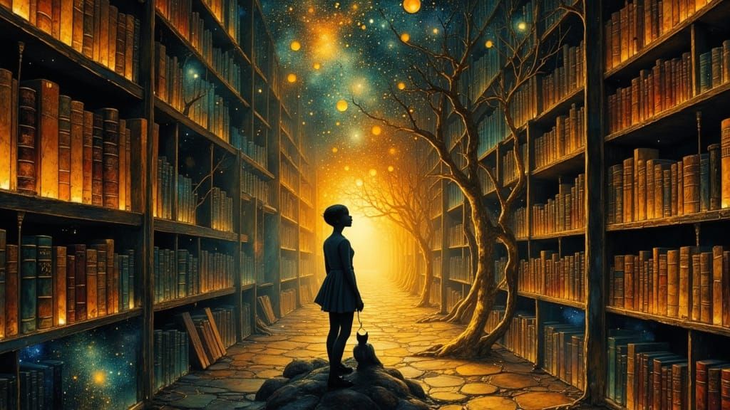 Ethereal Figure in Opulent Library Absorbing Knowledge