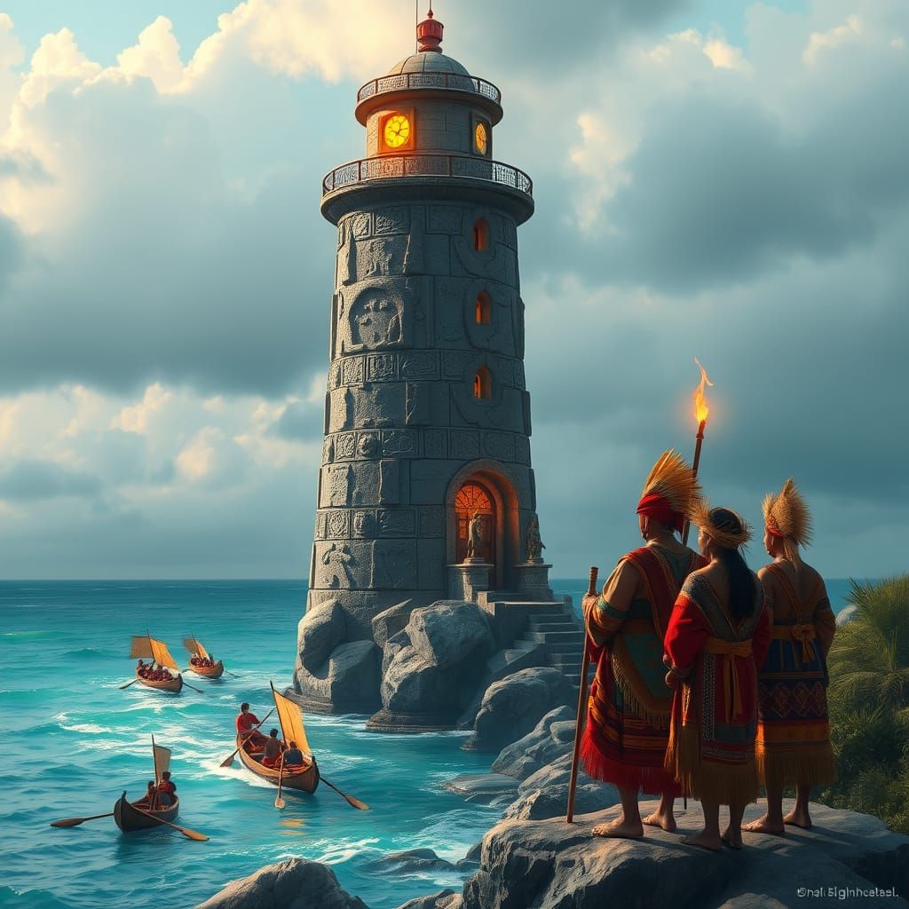 Pre-Columbian Lighthouse with Indigenous People by the Sea