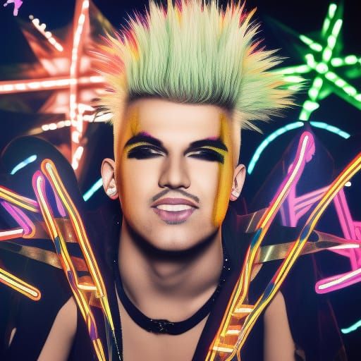 Rock Star with Mohawk Under Neon Lights