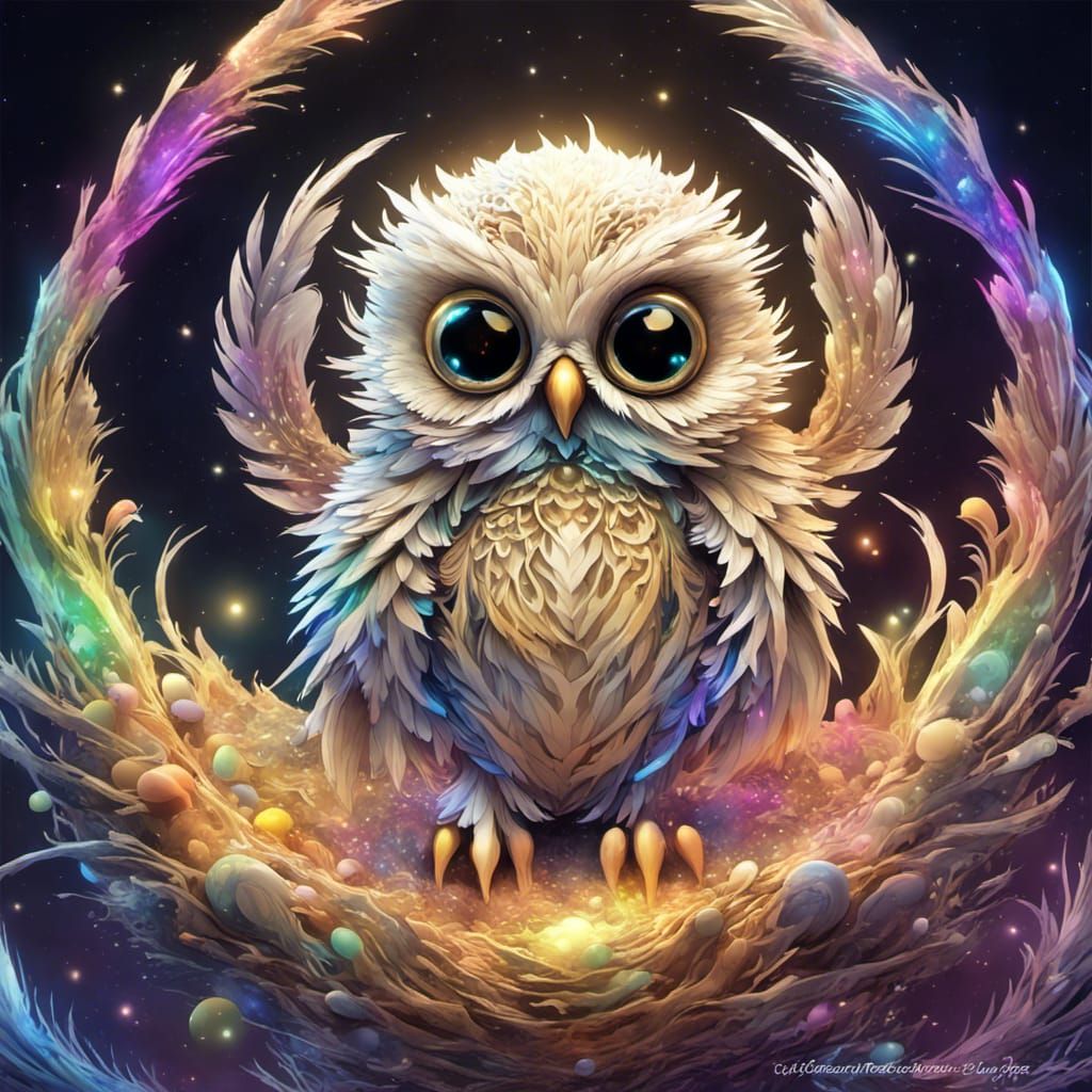 Bioluminescent Baby Owls Hatching in Fractal Nest