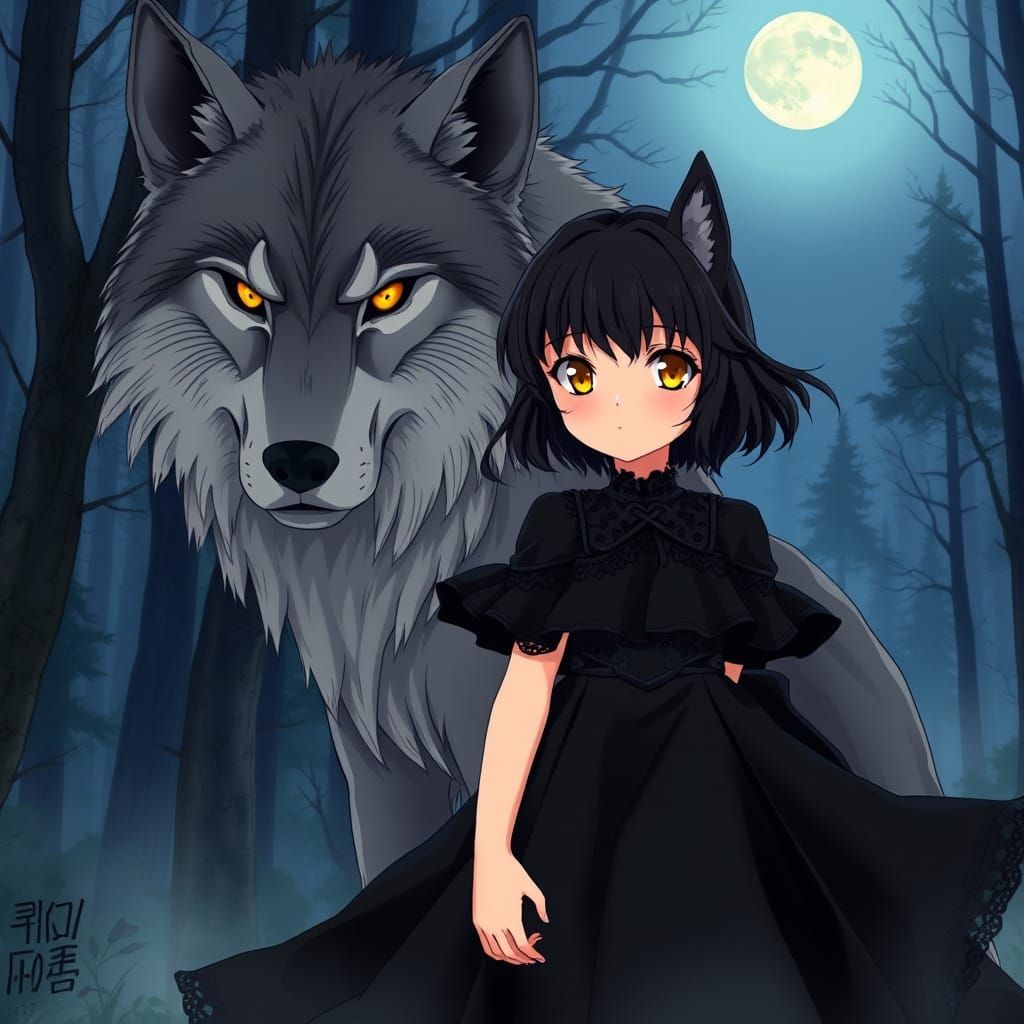 Majestic Dark-Haired Girl Stands Beside Gray Wolf in Enchant...
