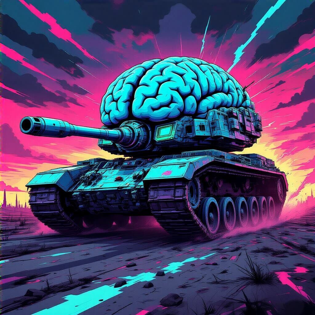 Mechanical Brain Tank in Glitchy Landscape