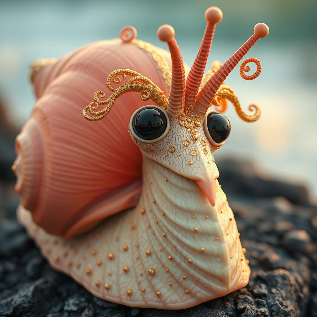 Dreamlike Snail Creature with Coral Shell and Golden Details