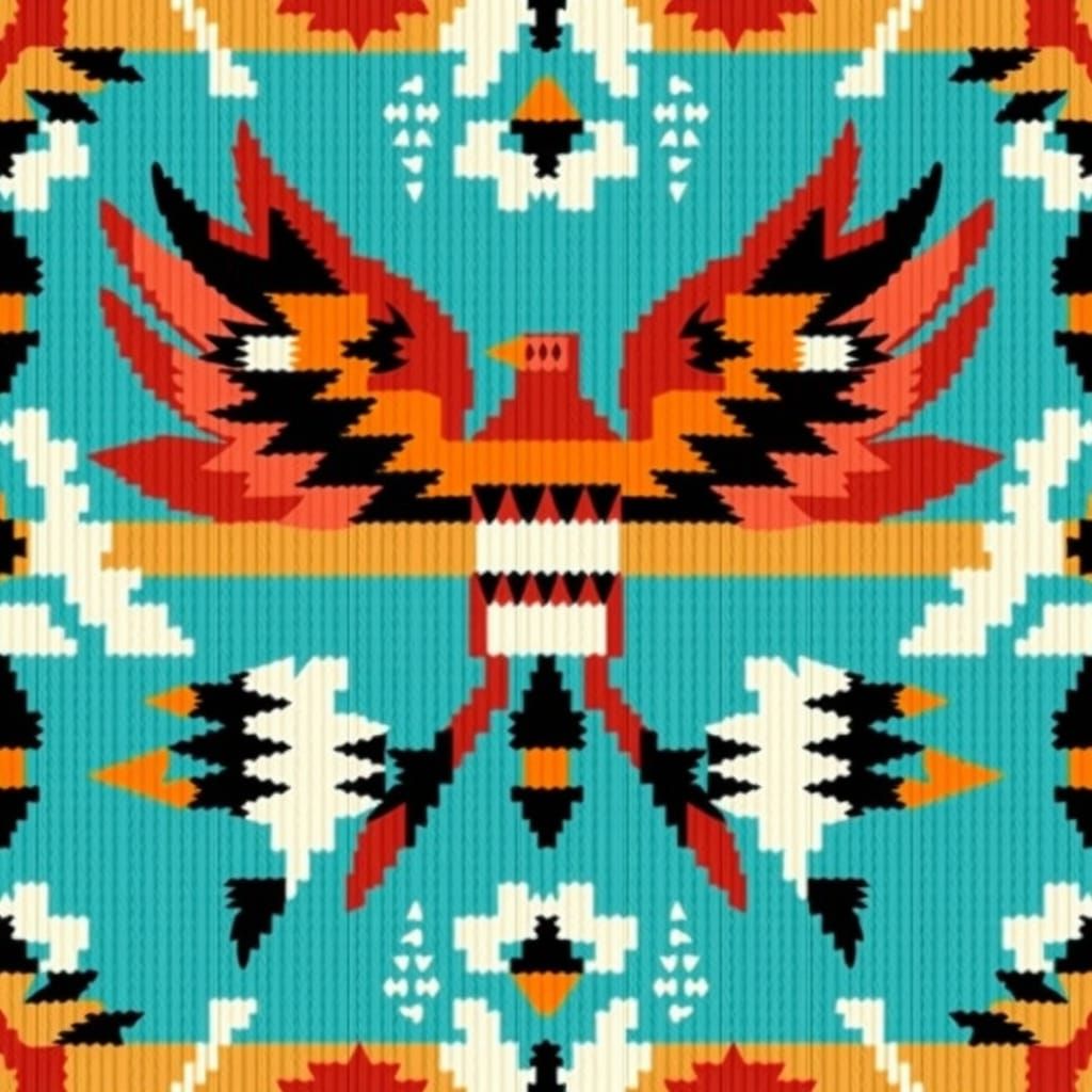 Navajo-Inspired Thunderbird Blanket Pattern in Turquoise
