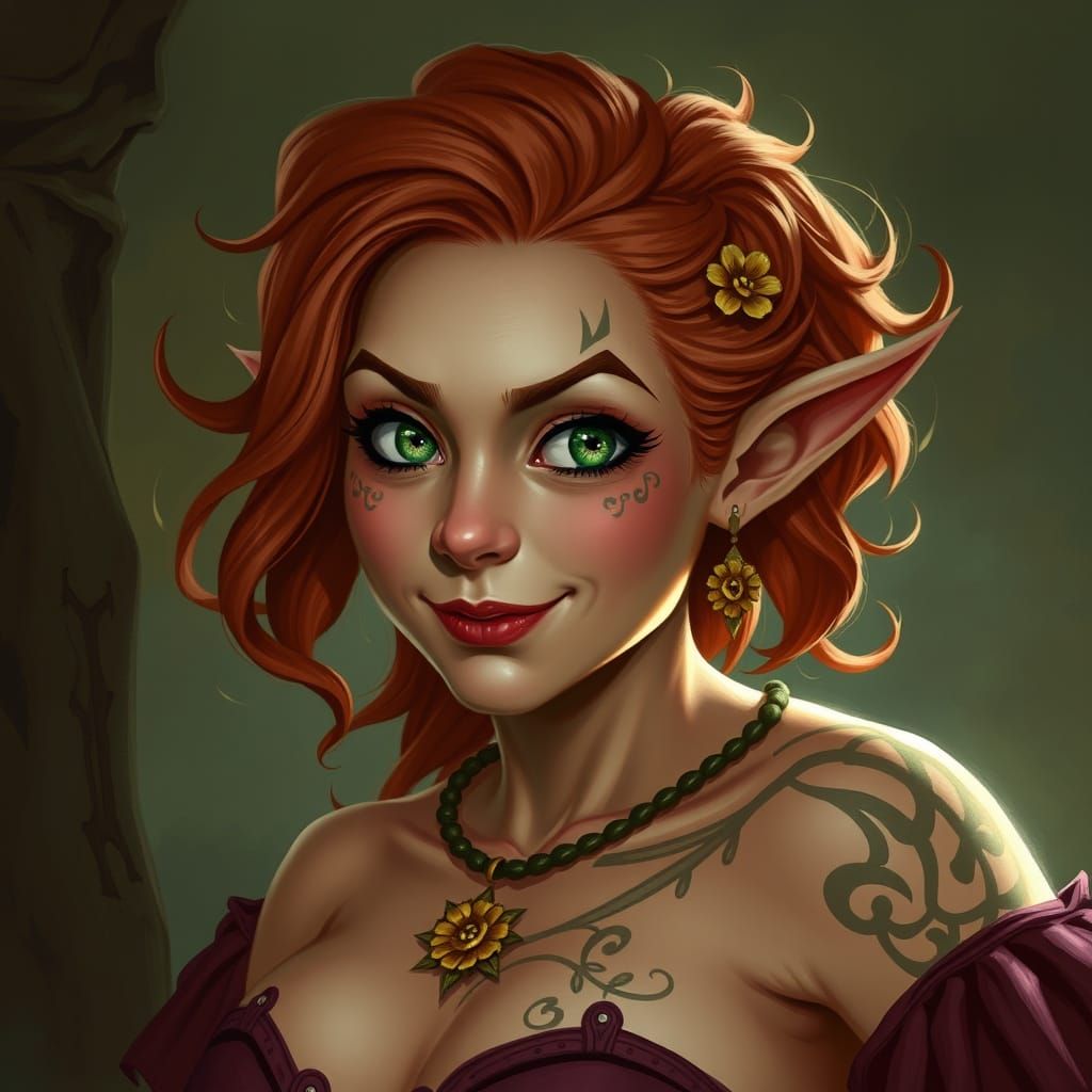 Vibrant Halfling Druida in Fiery Red Hair and Emerald Eyes