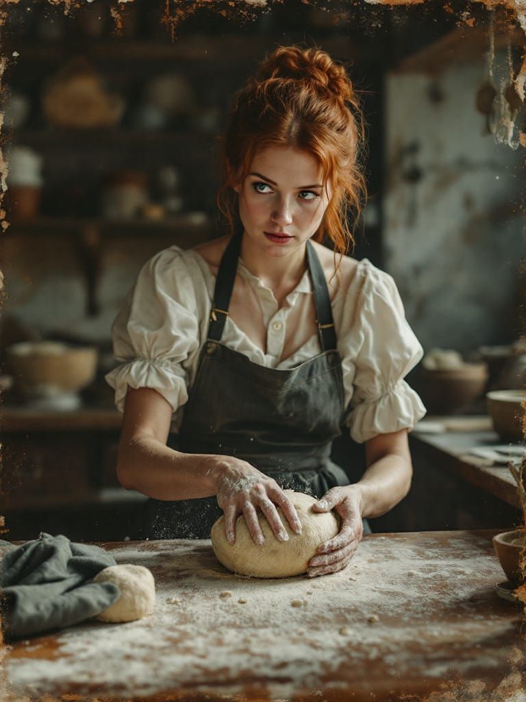 Redhead Baker Kneading Dough in a Muted Kitchen