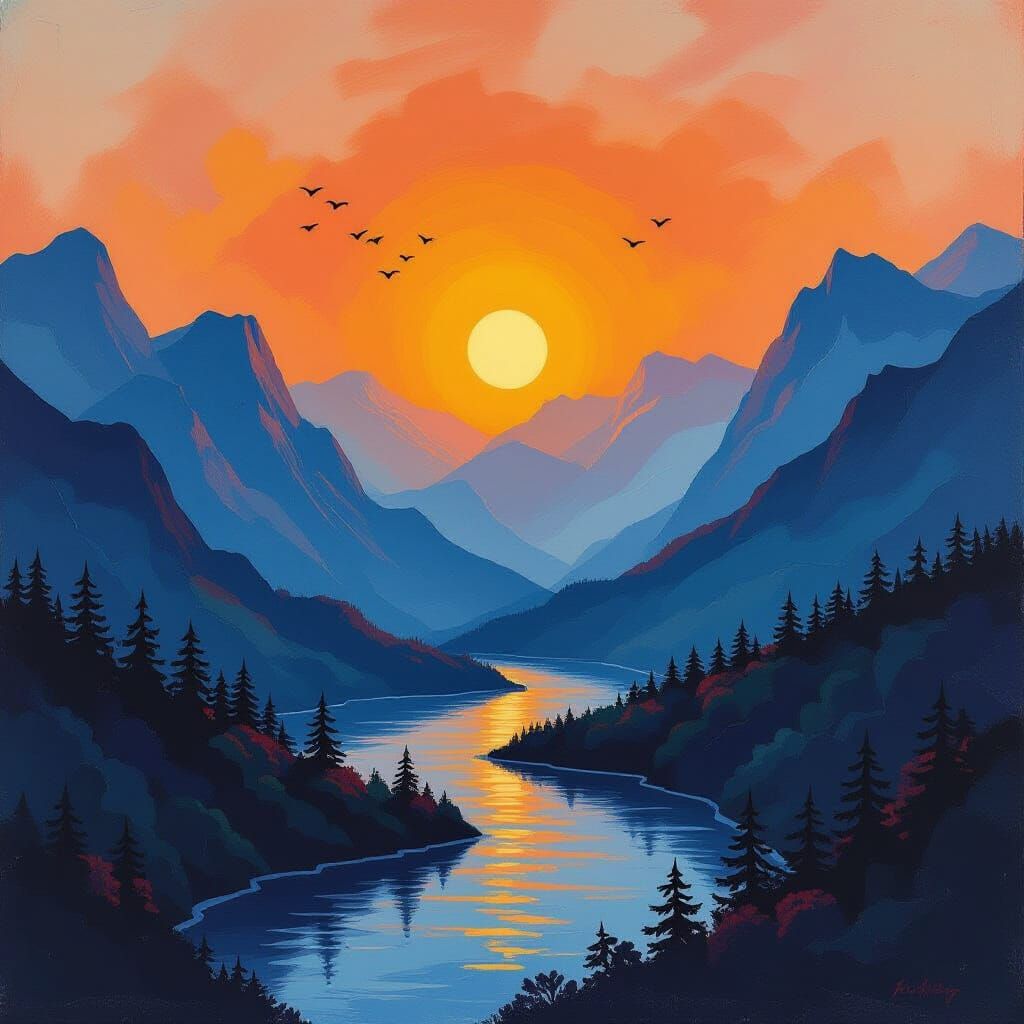 Oil Pastel Mountain Cove With Orange Sun and Blue Peaks