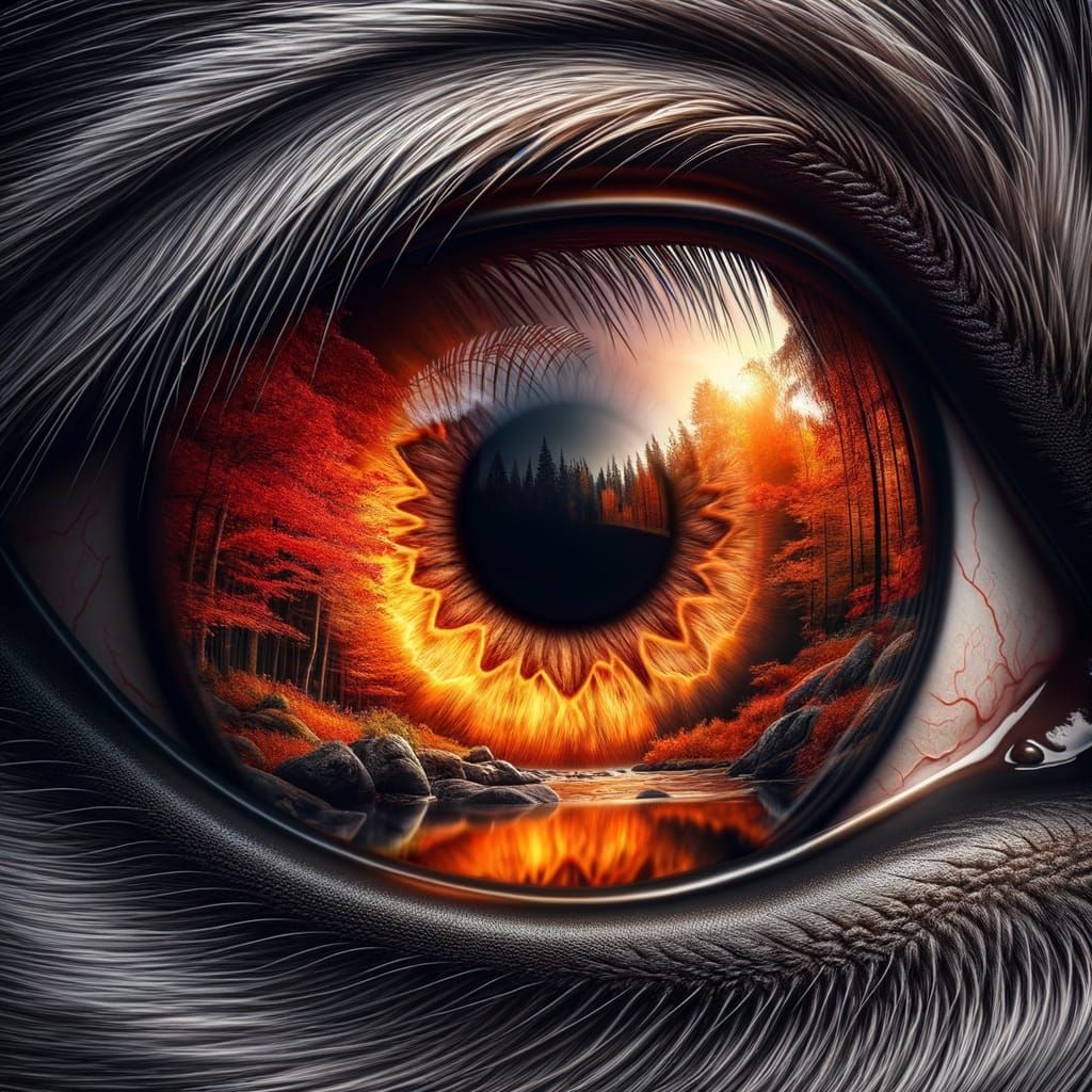 Fierce Wolf's Eye Radiates Autumn Fury in Hyperrealistic Clo...