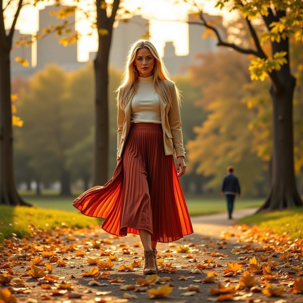 Woman in Green Eyes and Blonde Hair Walks Through Central Pa...