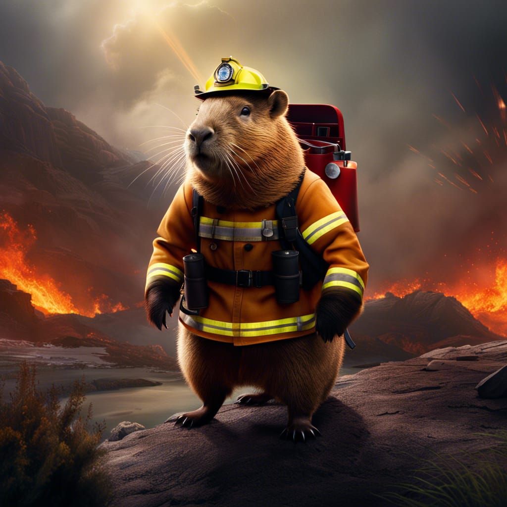 Capybara Firefighter in Epic Digital Painting Style