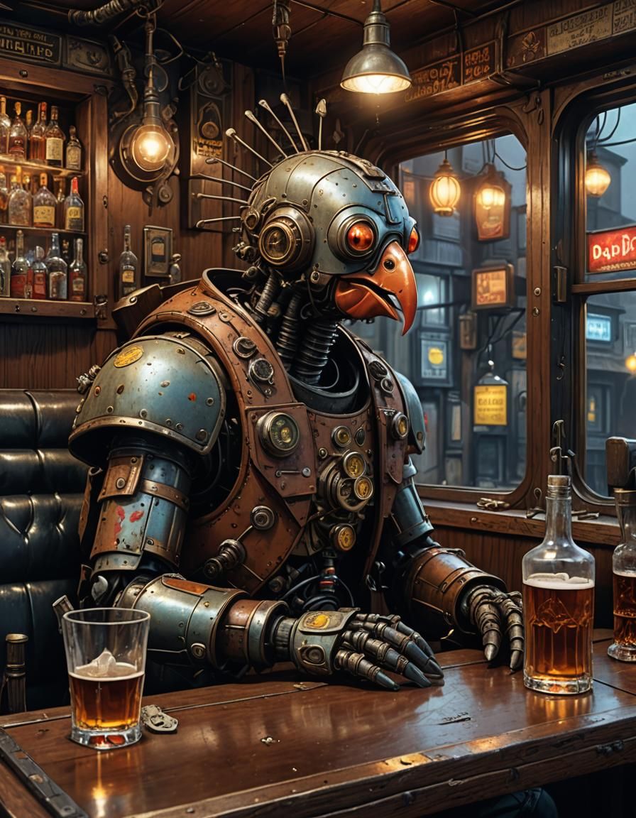 Steampunk Robot Turkey in Dive Bar, Macro Photo