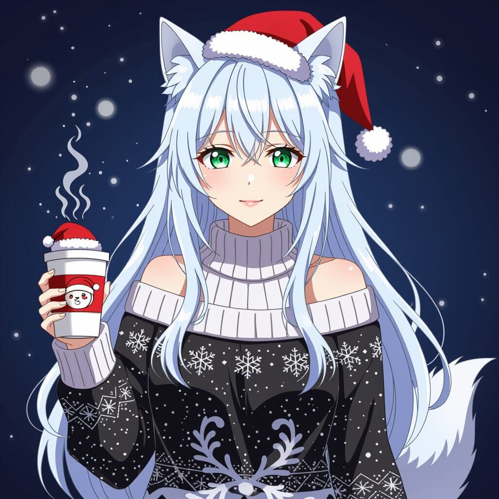 Anime Woman with Wolf Ears and Snowflake Dress