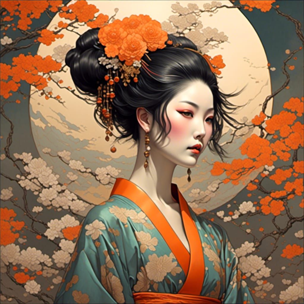 Kimono Woman: Detailed Painting in Art Nouveau Style