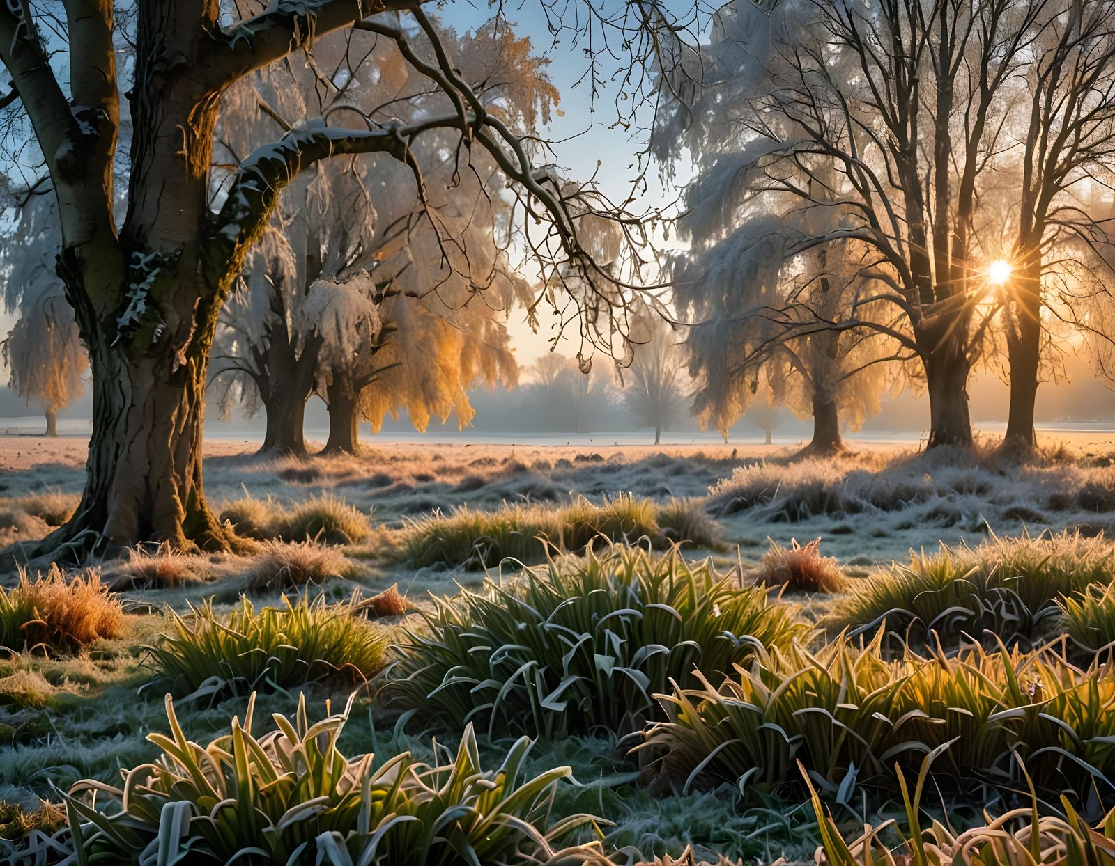Winter Frost in Sunrise Countryside Landscape